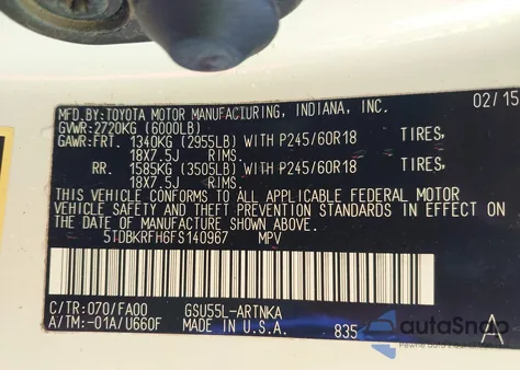 2015 Toyota Highlander Le Plus V6 z USA, uszkodzony, nr VIN 5TDBKRFH6FS140967